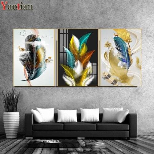 Full Square Diamond Painting Nordic abstract colorful feathers Diamond Embroidery Full Display Diamond Mosaic Crafts Kit 3 pcs
