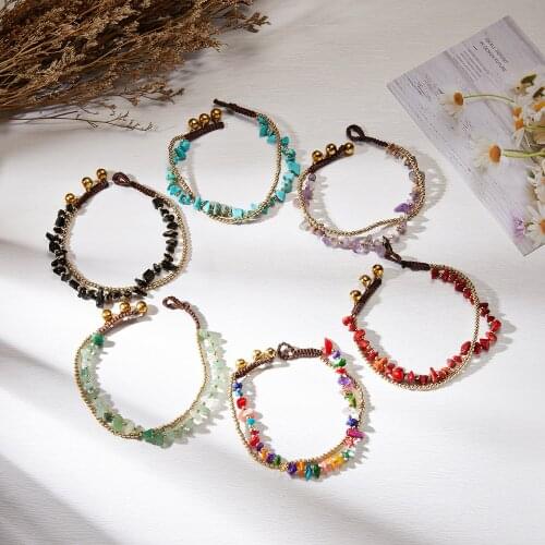 QiLuxy Irregular Natural Stone Beads Boho Double Chain Anklets for Women Fashion Vintage Summer Beach Anklets Jewelry