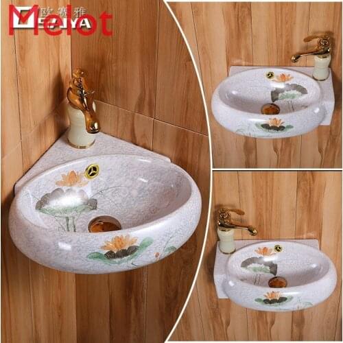 New Chinese simple wall wash basin Small apartment mini bathroom hand-painted lotus hanging basin wall wash basin