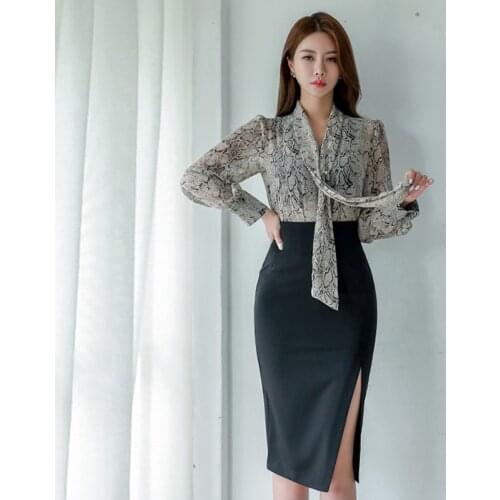 New arrival fashion set women spring professional OL ladies perspective chiffon shirt and high waist pencil skirt two-piece set