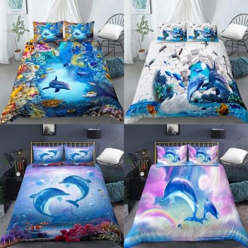3D Dolphin Duvet Cover with Pillowcase Shame Animal Kids Bedding Set Twin Kids Polyester Comforter Cover Queen King Twin Size
