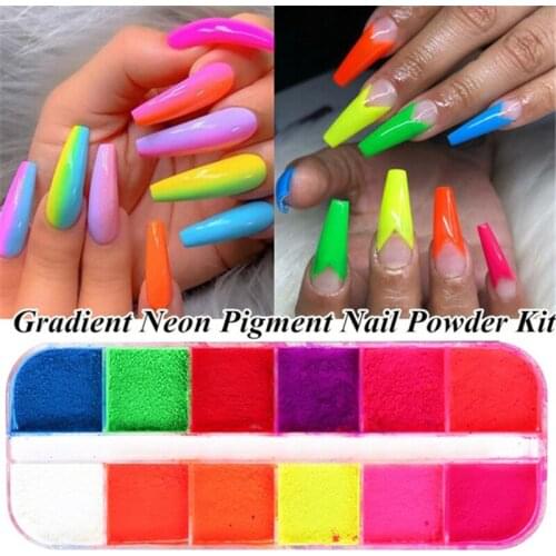 Neon Pigment Powder Fluorescent Nail Glitter Set Shinny Ombre Chrome Dust DIY Gel Polish Manicure For Nails Art Decoration 12box