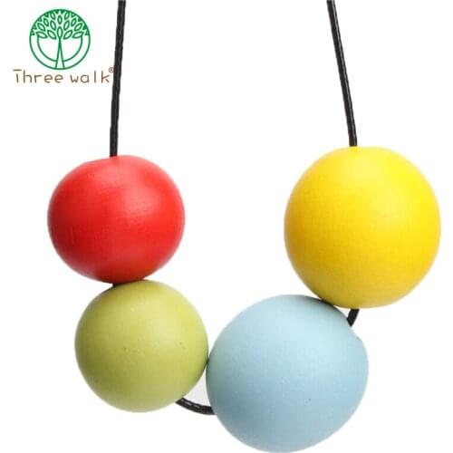 Rainbow Round Wooden Bead Nature Wood Ball Wrap Rope Chain Necklace For Women Jewelry