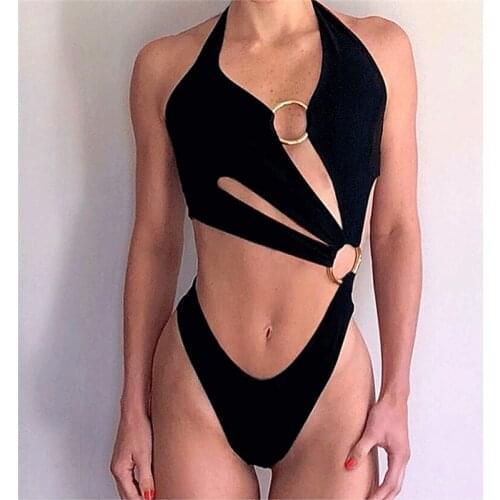 Sexy High Cut One Piece Swimsuit Solid Black White Push Up Backless Bathing Suit Swimwear Lace Up Bandage Thong Bikini Monokini