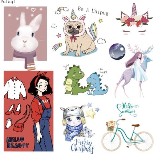 Beauty Girl Ironing Stickers Heat Transfer Vinyl Patch Thermal Bicycle Iron On Transfer For Clothes Cartoon Unicorn Appliques