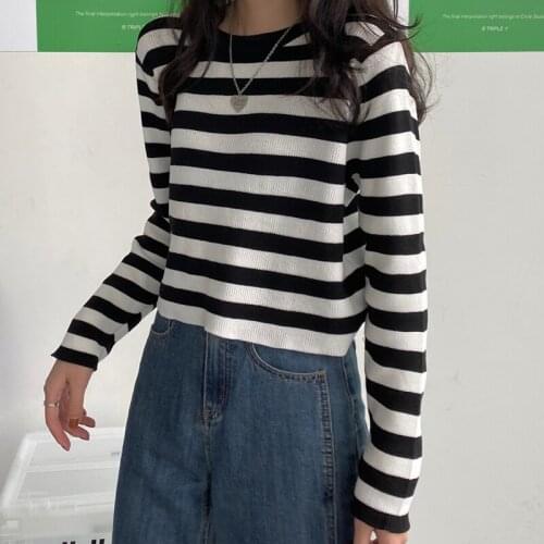 GOOHOJIO 2020 New Stripe Long Sleeve Knitted Sweater Women Tops Autumn O-neck Short Pullover Ladies Classic Casual Sweater Women