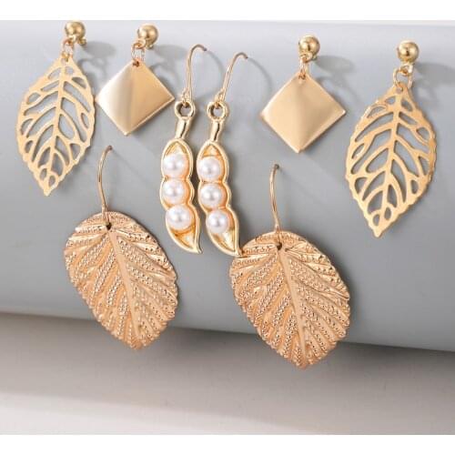 Tocona 4pair/sets Bohemain Leaf Drop Earring Sets for Women Elegance Pearl Stone Hollow Geometric Party Jewelry Gift 15986