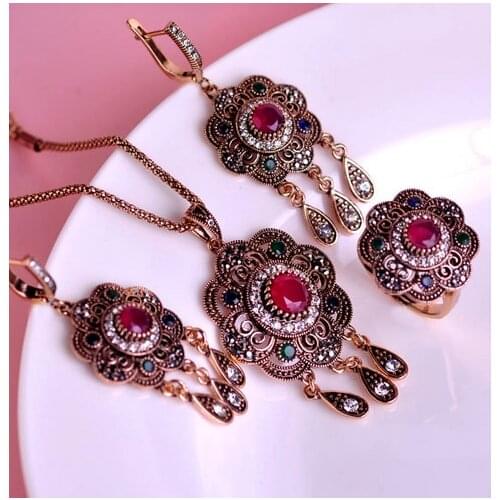 Turkish Jewelry Red Jewelry Sets Turkish Women Bijoux Round Flower Necklace Princess Hooks Long Earrings Vintage Party Ring Anel