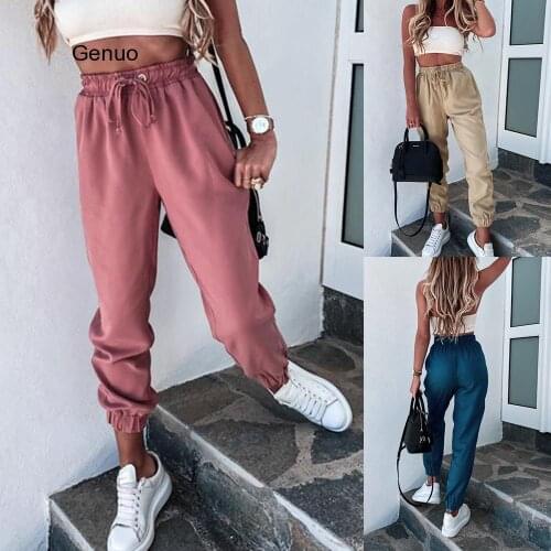 Solid Color Lace Up Womens Harlem Pants Casual Sports Loose Home Pants Street Pink Polyester Pants New Summer