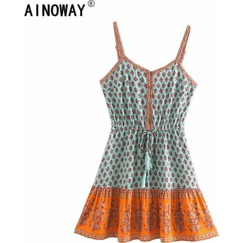 Vintage chic women floral print sleeveless beach Bohemian happie dress Ladies elestic waist Strapless rayon Boho dress vestidos