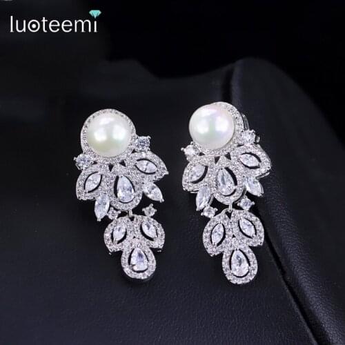 LUOTEEMI Jewelry White Gold-Color Vintage CZ Crystal Retro Simulated-Pearl Drop Bridal Stud Earrings For Woman Gift