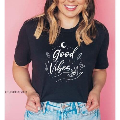 Good Vibes Moon T-Shirt Spiritual Women Graphic Witchy Tshirt Clothing Aesthetic Goth Nature Top Tee Shirt Premium