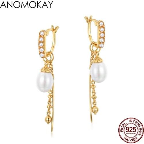 Anomokay Trendy Natrue Pearl Vintage Gold Color Earrings Real 925 Sterling Silver Pea Tassel Drop Earring for Women Lover Gift