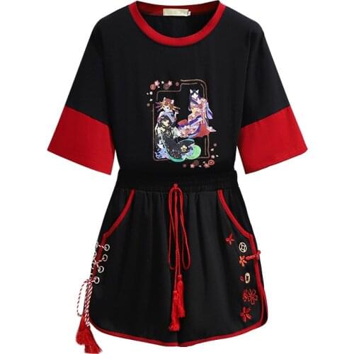 Sweet Style Women Short Sets Cartoon Print T Shirt And Floral Embroidery Hight Waist Shorts 2021 Summer 2 Piece Set Clothes
