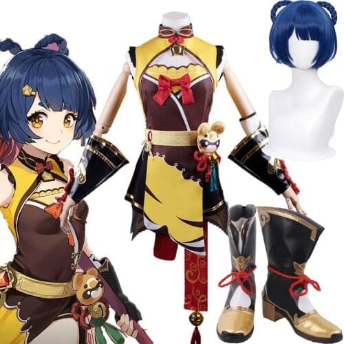 Game Genshin Impact Xiangling Cosplay Costume Wigs shoes Anime Women Dress Halloween Party Outfit Uniform Custom Made Costumes