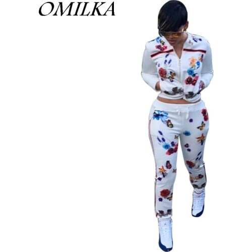 OMILKA Women Clothing Set 2017 Autumn New Fashion Floral Printed Tracksuit Set Casual Long Sleeve V Neck Zipper Sweatsuits Set