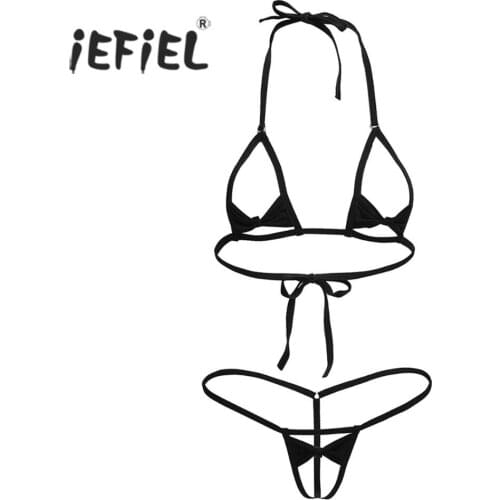 IEFiEL Women Lingerie Brief Sets Halter Bowknot Bikini See-through Bow Top with G-string Open Bra Femme Nightwear Sexy Bras