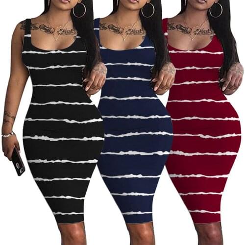 Bodycon Dress Women Striped Print Midi Dress Summer Sleeveless Backless Boho Beach Dresses Sexy Tank Shirt Sundress Robe Femme