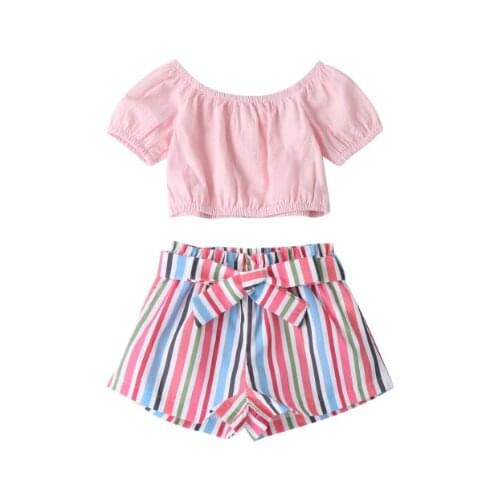 2020 Summer Casual Infant Baby Girls Clothes Sets Pink Off Shoulder Short Sleeve T Shirts Tops+Colorful Striped Shorts 1-6Y