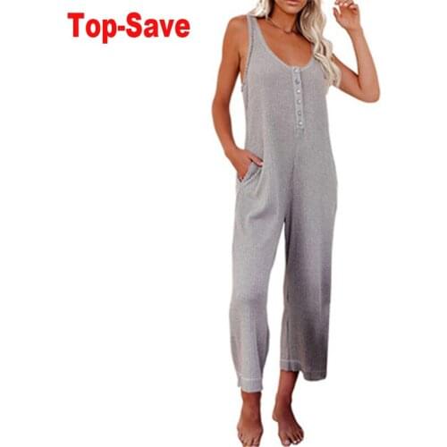 2021 Summer Solid Buttoned Pocket Casual Jumpsuit Elegant O Neck Sleeveless Sexy Bodysuit Women Streetwear Overalls Clothes 2XL