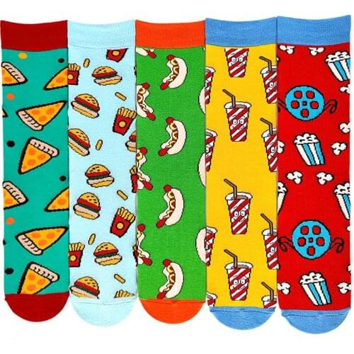 5 Pairs/pack Happy Socks Avocado Sushi Omelette Burger Apple Fruit Food Funny Cotton Socks Women Long Sock Winter Female