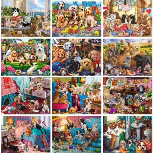 Huacan Full Drill Dog Diamond Painting Cat Animal Embroidery Cross Stitch Rhinestones Picture Childrens Room Decor