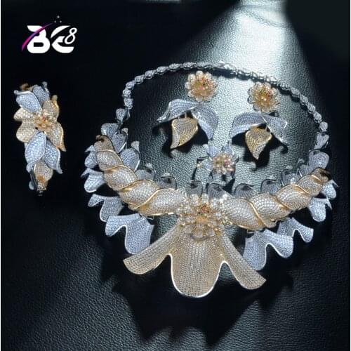 Be 8 Luxury Flower Shape 2 Tones Mix Women Wedding Cubic Zirconia Statement Necklace Earring Bangle Ring Jewelry Set S327