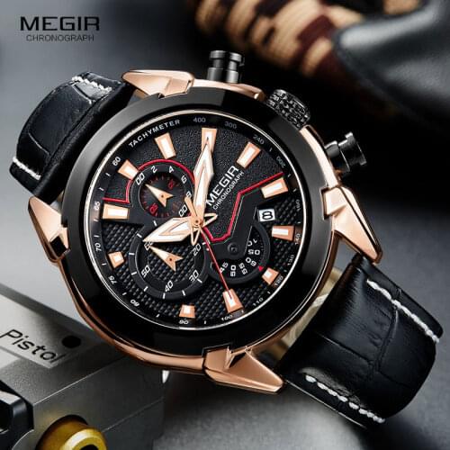 MEGIR Mens Fashion Sports Quartz Watches Leather Waterproof Luminous Chronograph Wristwatch Clock Relogios Masculino 2065 Rose