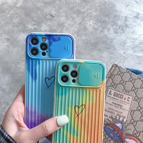 Cute Watercolor Slide Camera Lens Protection Phone Case For iPhone 12 Pro Max 11 XR X XS Max 7 8 Soft Love Heart Cover Cases