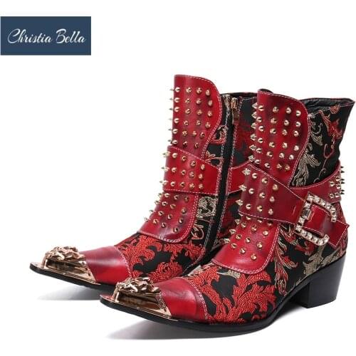 Christia Bella Printing Men Shoes Genuine Leather Boots New Fashion Rivets Metal Pointed Toe Boots Large Size Short Boots