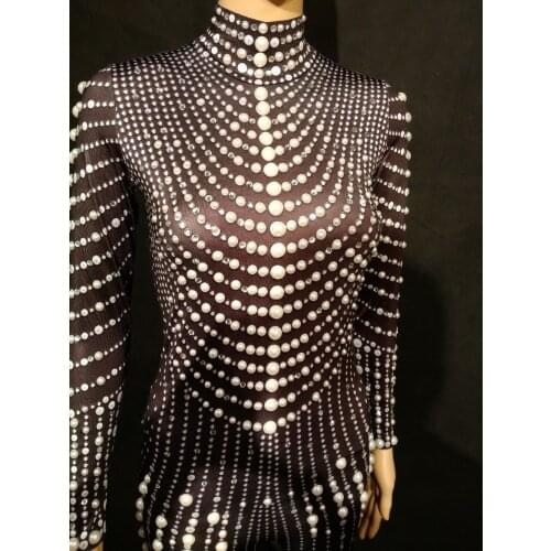 Fashion Black Nude Pearls Jumpsuit One-piece Stretch Sexy Bodysuit Stage Performance Party Celebrate luxurious Leggings