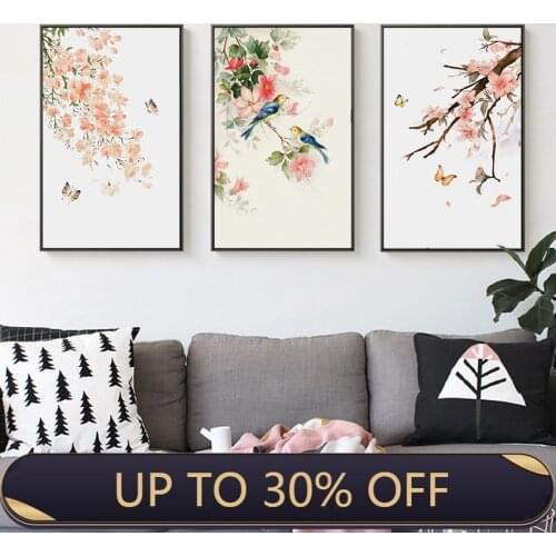 Red Flower Canvas Painting Bird Butterfly Chinese Style Hanging Wall Art Print Picture Home Decor Poster For Living Room Canvas