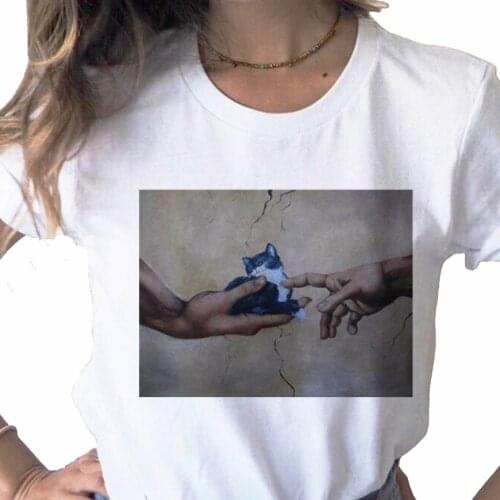 Summer Cute Cat Cartoon print Funny Anime ladies T-shirt casual basis O-collar white shirt short sleeve ladies Tshirt,Drop Ship