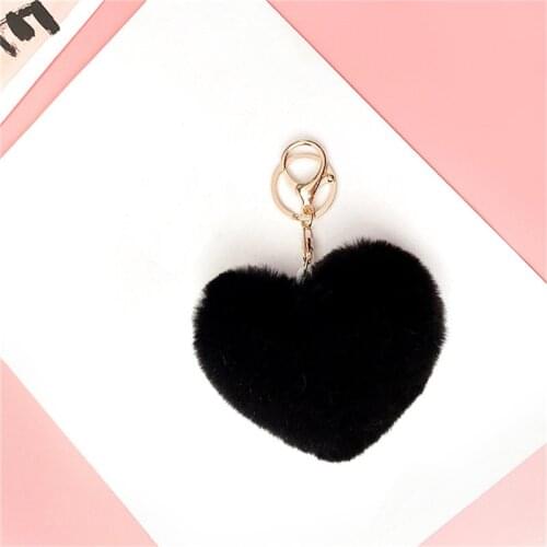 Lovely Heart Keychains Womens Faux Rex Rabbit Fur Ball Key Chains Girl Bag Hang Car Key Ring Pendant