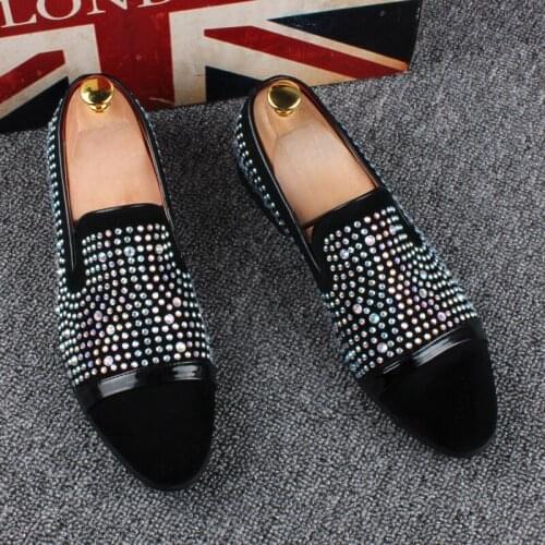 British style mens fashion party nightclub dress soft leather shoes slip-on lazy shoe rhinestone smoking slippers summer loafer