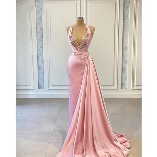 New Arrival V-neck Sleeveless Beaded Sequined Real Sample Skinny African Women Long Pink Evening Dresses 2021