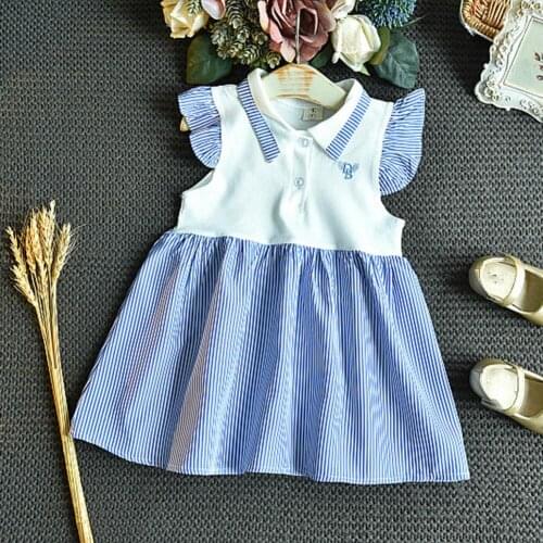 Dress Letter Embroidery Pleated Pullover Girls Small Flying Sleeve Dresses Kids Stripe Embroidery Fluffy Summerwear for Vacation