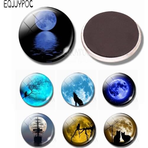 Full Moon and Animal Glass Whiteboard Fridge Magnet Black Cat Wolf Shadow 30MM Refrigerator Magnetic Sticker Nebula Home Decor