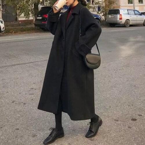Casual Womens Long Wool Coat 2021 Autumn Turn-down Collar Versatile Solid Buttons Preppy Style Coats Fashion Loose Coats