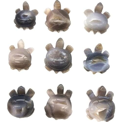 Drop Shipping 1PC Natural Agate Druzy Geode Little Turtles Hand Carved Crystal CraftsTortoise Figurine Natural Stones