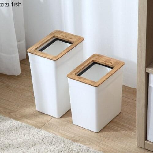 Rectangular White Paper Basket with Bamboo Wood Cover Home Living Room Kitchen Square Trash Can Storage Basket Home Decoration