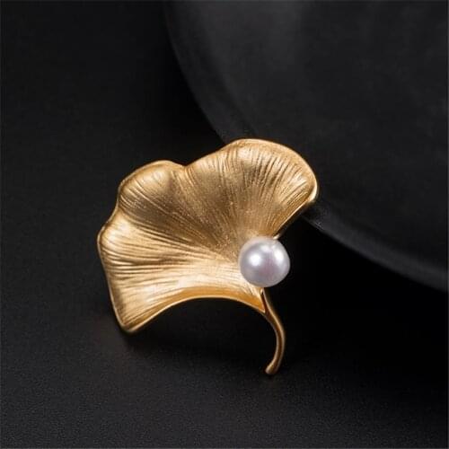 Gold Plated Pearl Brooch Ginkgo Leaf Pin 925 Stering Silver Brooches For Women Fine Jewelry Luxury Suit Evening Dress Pins