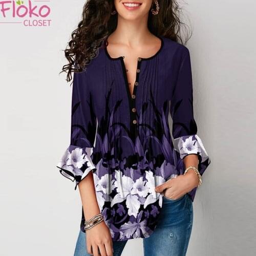 Flokocloset Autumn Fashion Floral Print V-Neck Button T-shirts Casual Women Elegant 3/4 Ruffle Sleeve Streetwear Pullover Tops