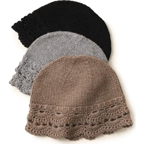 2020 new cashmere Hat Women Woven knitted handmade warm wild hat Lady gifts Inner Mongolia factory Black Gray
