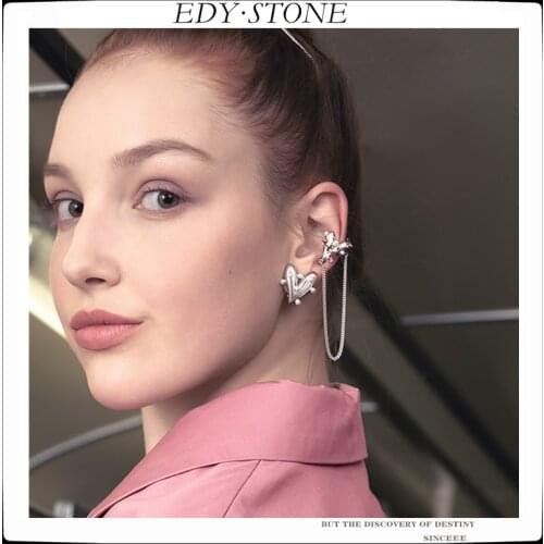 EDY 2021 New Punk Fashion Design Personality Heart-shaped Inlay Rhinestone Pearl Chain Earring Ear clip For Women Girls Jewelry