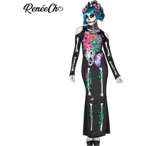 2018 Adult costume carnival Halloween Costumes For Women Beautiful Bones Costume black flower print off the shoulder long dress