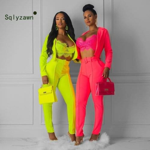 Casual Women Blazer Two Piece Sets Autumn Female Neon Color Formal Long Sleeve Jackets Office Lady Slim Fit Pencil Pant Suits OL