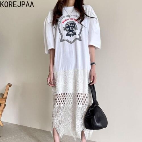 Korejpaa Women Dress 2021 Summer Korean Chic All-Match Round Neck Printing Stitching Hollow Embroidery Irregular T-Shirt Vestido