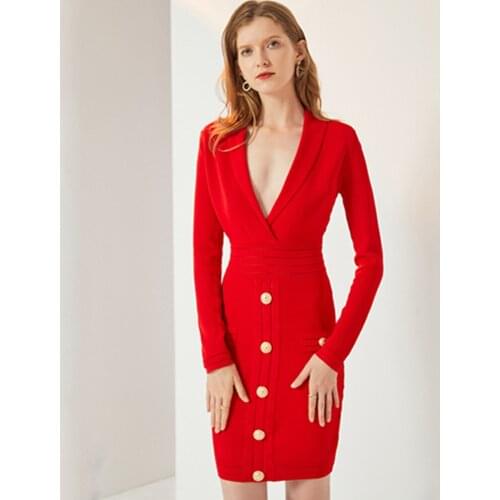 Winter Sexy V Neck Mesh Button Long Sleeve Black Red Women Bodycon Mini Bandage Dress 2021 Designer Evening Party Dress Vestido