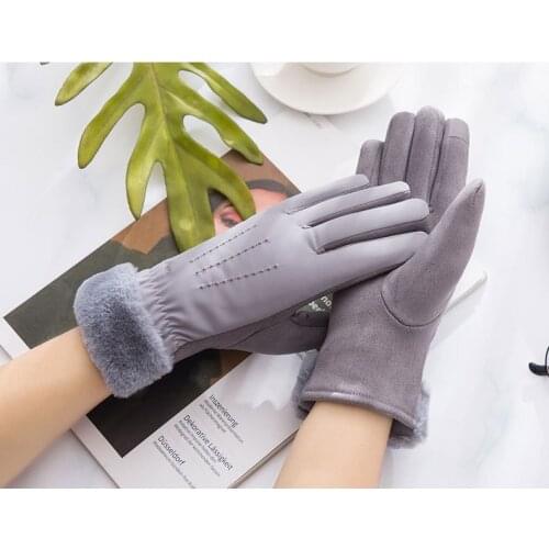 1Pair Winter Female Warm Cashmere Mittens Double thick Plush Wrist Women Women Suede Leather Touch Screen Driving Gloves WA 008